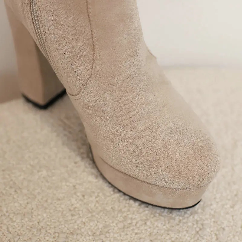 Dress Shoes Women Over New the Knee Platform Square High Heel Ladies Stretch Faux Suede Round Toe Zipper Women's Boots Big Size 231031
