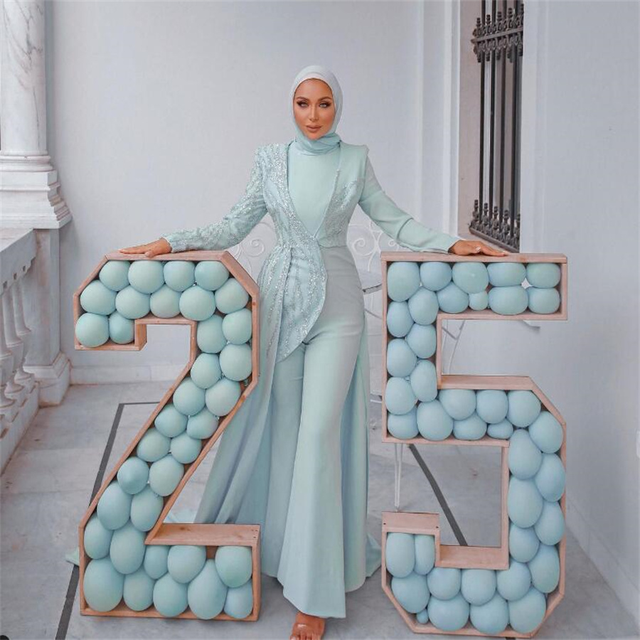 Glam Muslimah Blue Prom Dress With Overskirt Saudi Arabic Dubai Abaya Jumpsuit Evening Dress Muslim Sequin Birthday Gowns Vestidos De Noche Robes De S