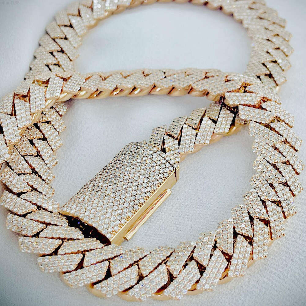 Necklace moissanite chain cuban link chainChain 14k Gold Plated 925 Sterling Silver 2rows Cz Iced Out