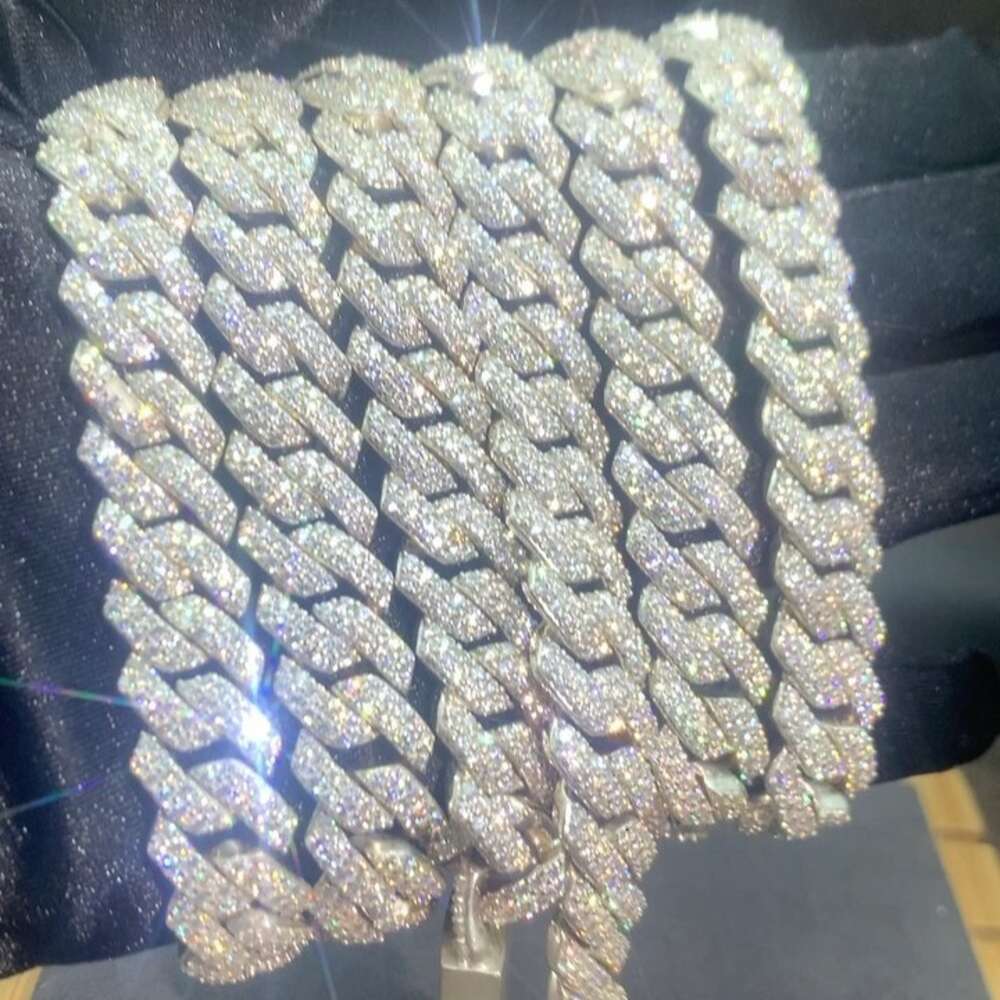 Necklace moissanite chain cuban link chainChain 14k Gold Plated 925 Sterling Silver 2rows Cz Iced Out