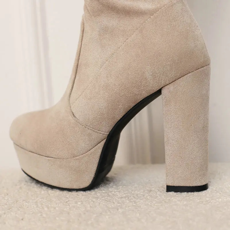 Dress Shoes Women Over New the Knee Platform Square High Heel Ladies Stretch Faux Suede Round Toe Zipper Women's Boots Big Size 231031