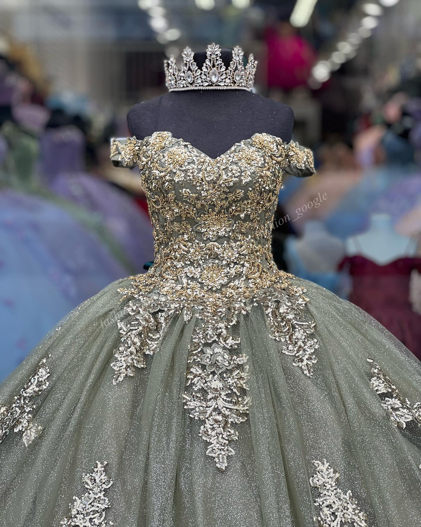 Glitter Tulle Quinceanera Dress 2024 Sage Sequin Applique Charro Mexican Quince Sweet 15/16 Birthday Party Gown for 15th Girl Drama Winter Formal Prom