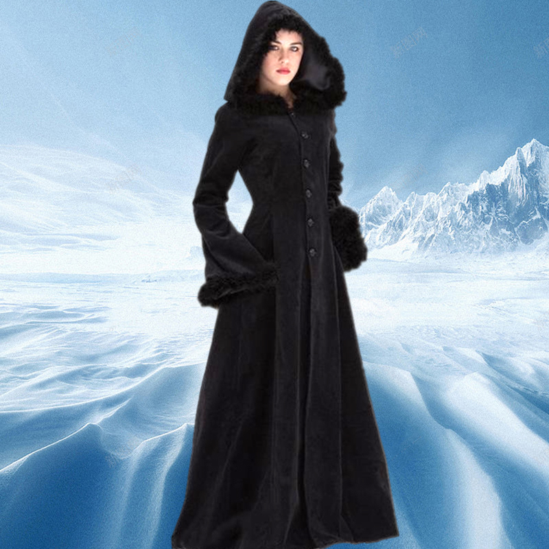 Women039s Wool Blends Women Autumn Winter Vintage Coat Steampunk Floor Length Hooded Medieval Warm Fur Trim Maxi Gothic Witch