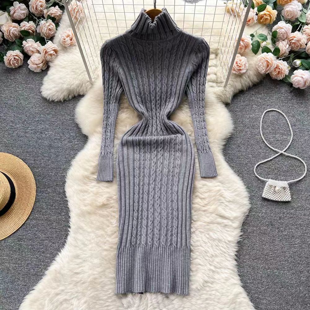 Women's Sweater Dress Elegant Autumn Winter Sexy Slim Bodycon Dresses Turtleneck Solid Color Thick Warm Knit Pullover Vestido 220310