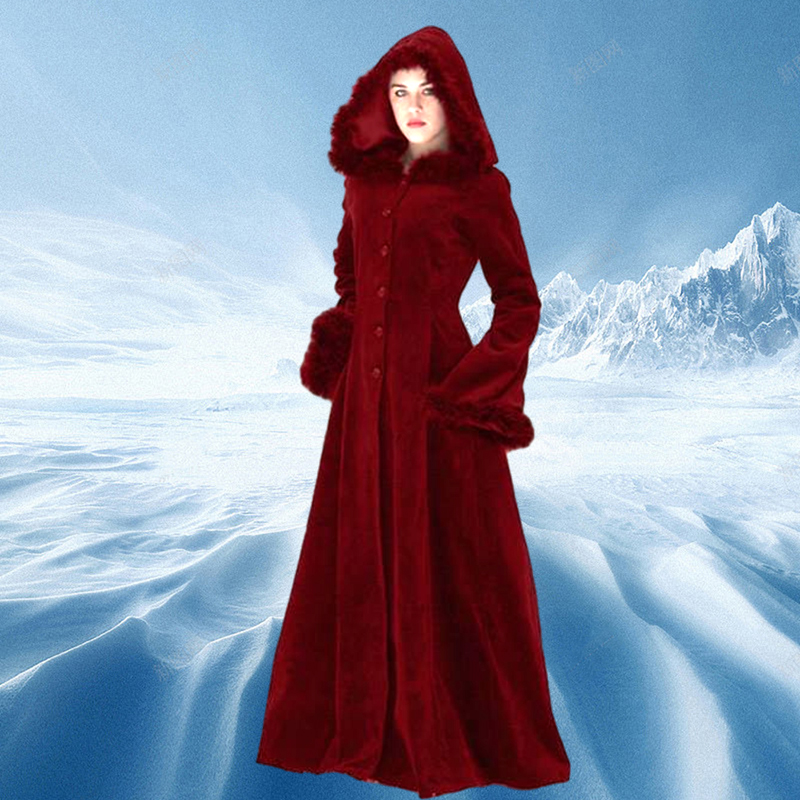 Women039s Wool Blends Women Autumn Winter Vintage Coat Steampunk Floor Length Hooded Medieval Warm Fur Trim Maxi Gothic Witch