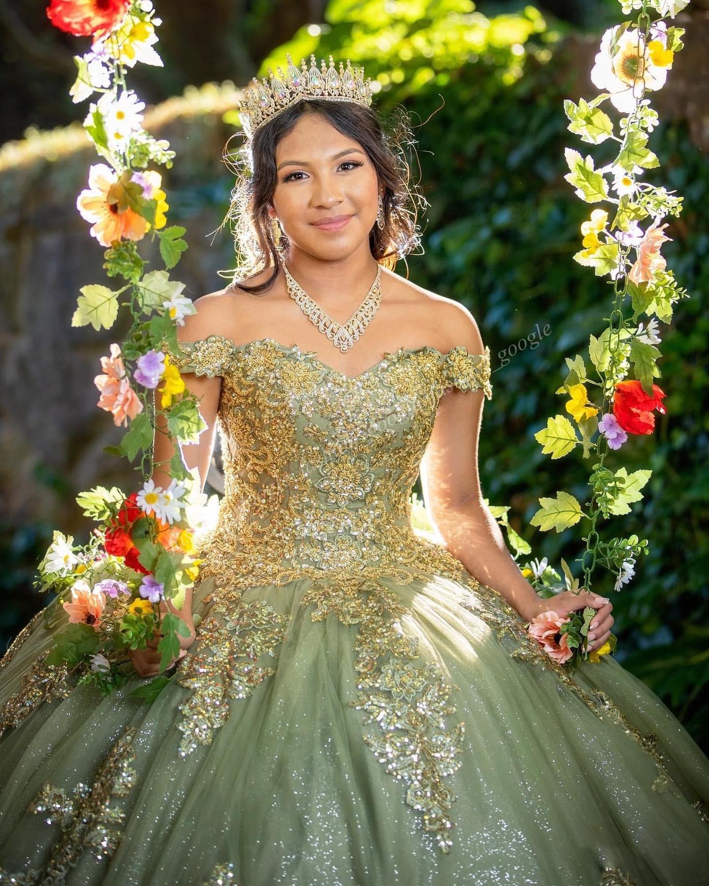 Glitter Tulle Quinceanera Dress 2024 Sage Sequin Applique Charro Mexican Quince Sweet 15/16 Birthday Party Gown for 15th Girl Drama Winter Formal Prom