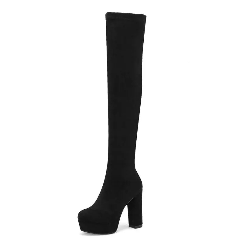Dress Shoes Women Over New the Knee Platform Square High Heel Ladies Stretch Faux Suede Round Toe Zipper Women's Boots Big Size 231031
