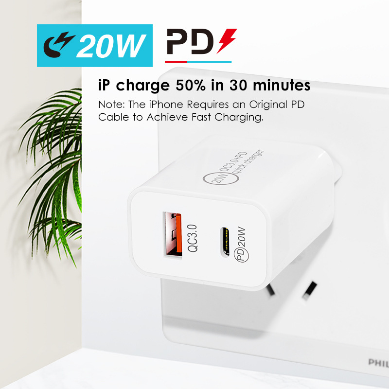 PD 18W Home Charger 5V 3A EU US UK Standard Type-c QC3.0 Dual Port Fast Charging Adapter Charging Plug