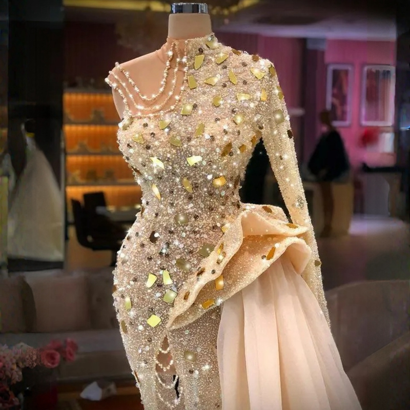 Real Photos Sparkg Golden Prom Dresses High Neck One Shoulder Sequined Front Split African Women Reception Gowns Birthday Party Outfit Club 6660306