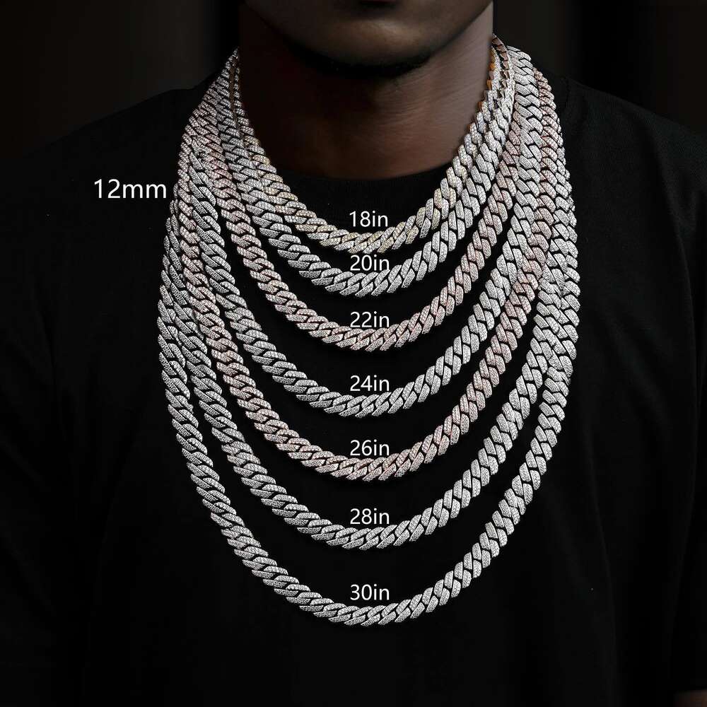 Necklace moissanite chain cuban link chainChain 14k Gold Plated 925 Sterling Silver 2rows Cz Iced Out