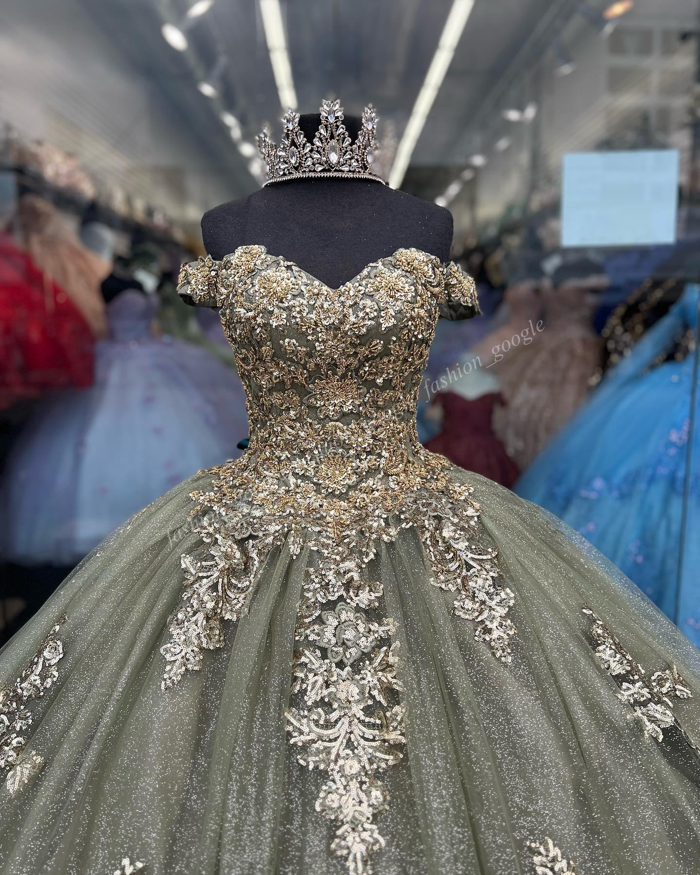 Glitter Tulle Quinceanera Dress 2024 Sage Sequin Applique Charro Mexican Quince Sweet 15/16 Birthday Party Gown for 15th Girl Drama Winter Formal Prom