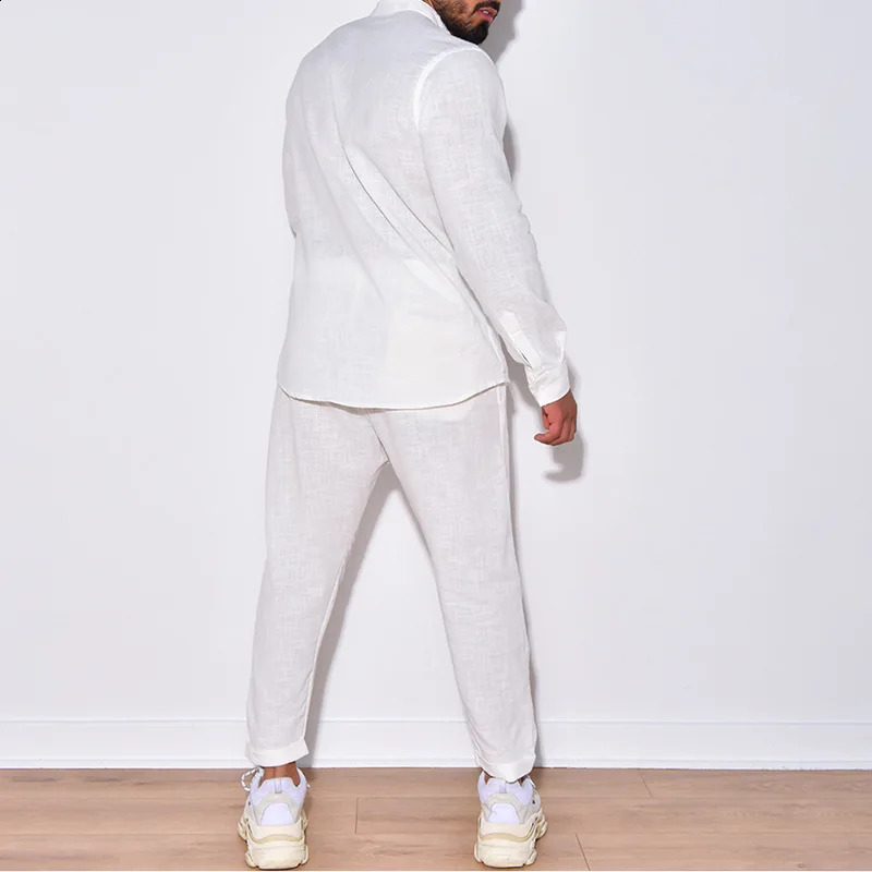 Men's Tracksuits Spring Fall Mens Suits Casual Cotton Linen Loose Solid Color Two Piece Set Leisure Loose V Neck Shirt And Pants Outfits Men 2310