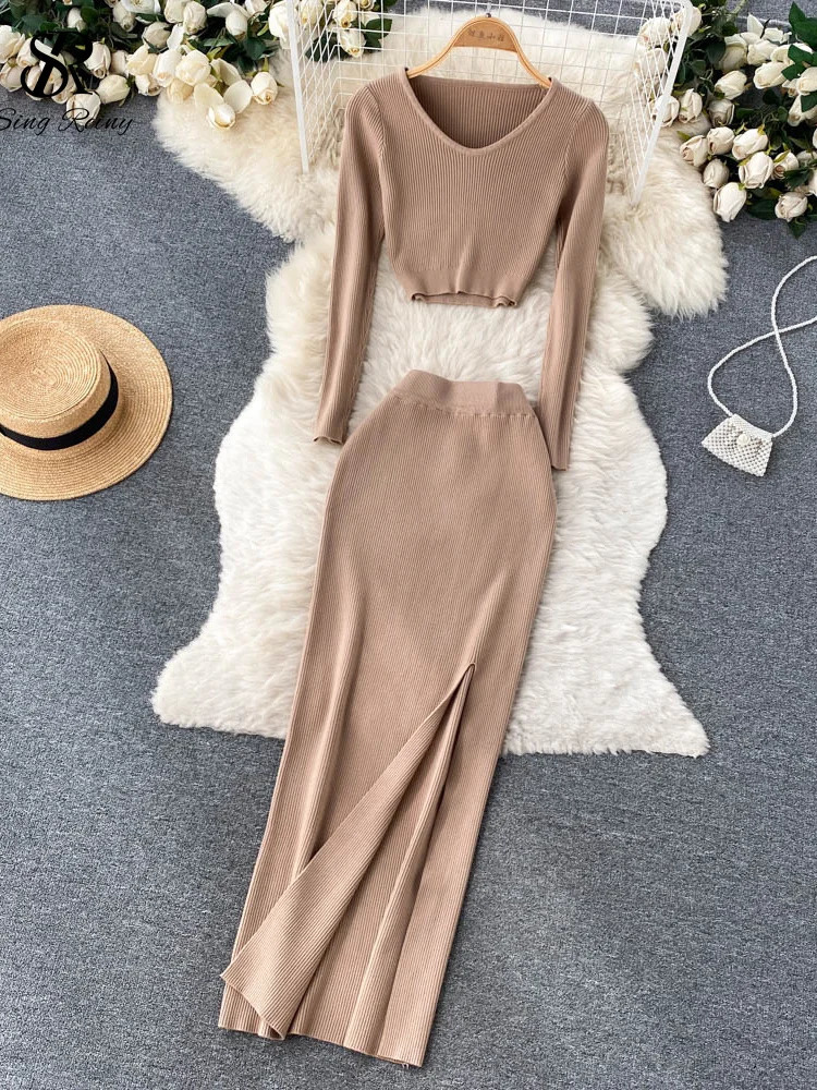 Two Piece Dress SINGREINY Autumn Sweater Two Pieces Suits Long Sleeves Knit Top Elatic Waist Slim Split Long Skirt Sets Women Warm Knitted Suit 231031