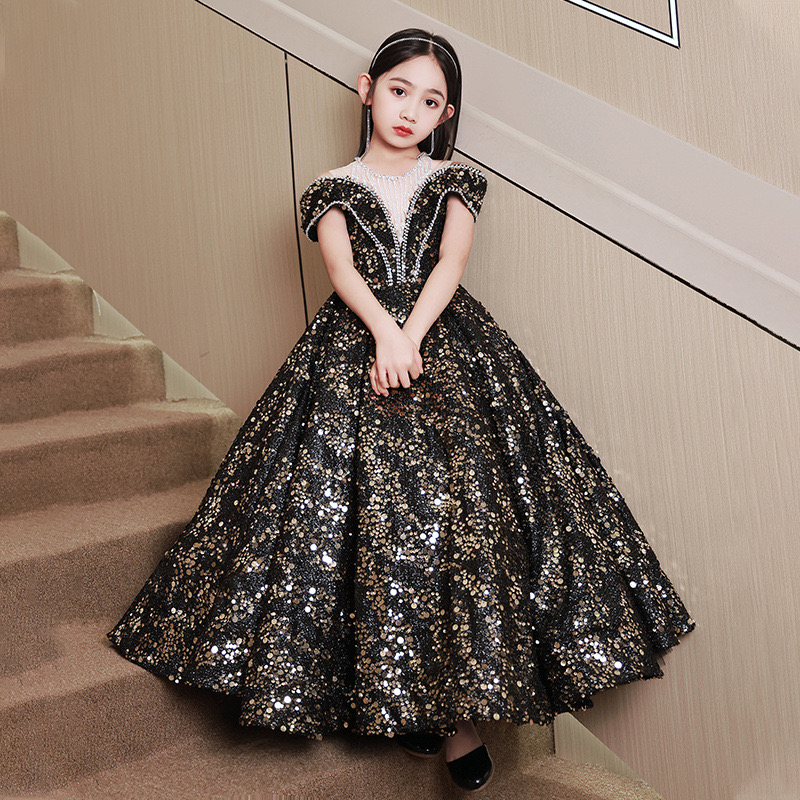 Black Gold Shiny Flower Girl Dresses Teenager Wedding Communion Pearls Necklace Beaded Tassels Children Clothes Frist Holy Conmunion Dress Birthday Ou