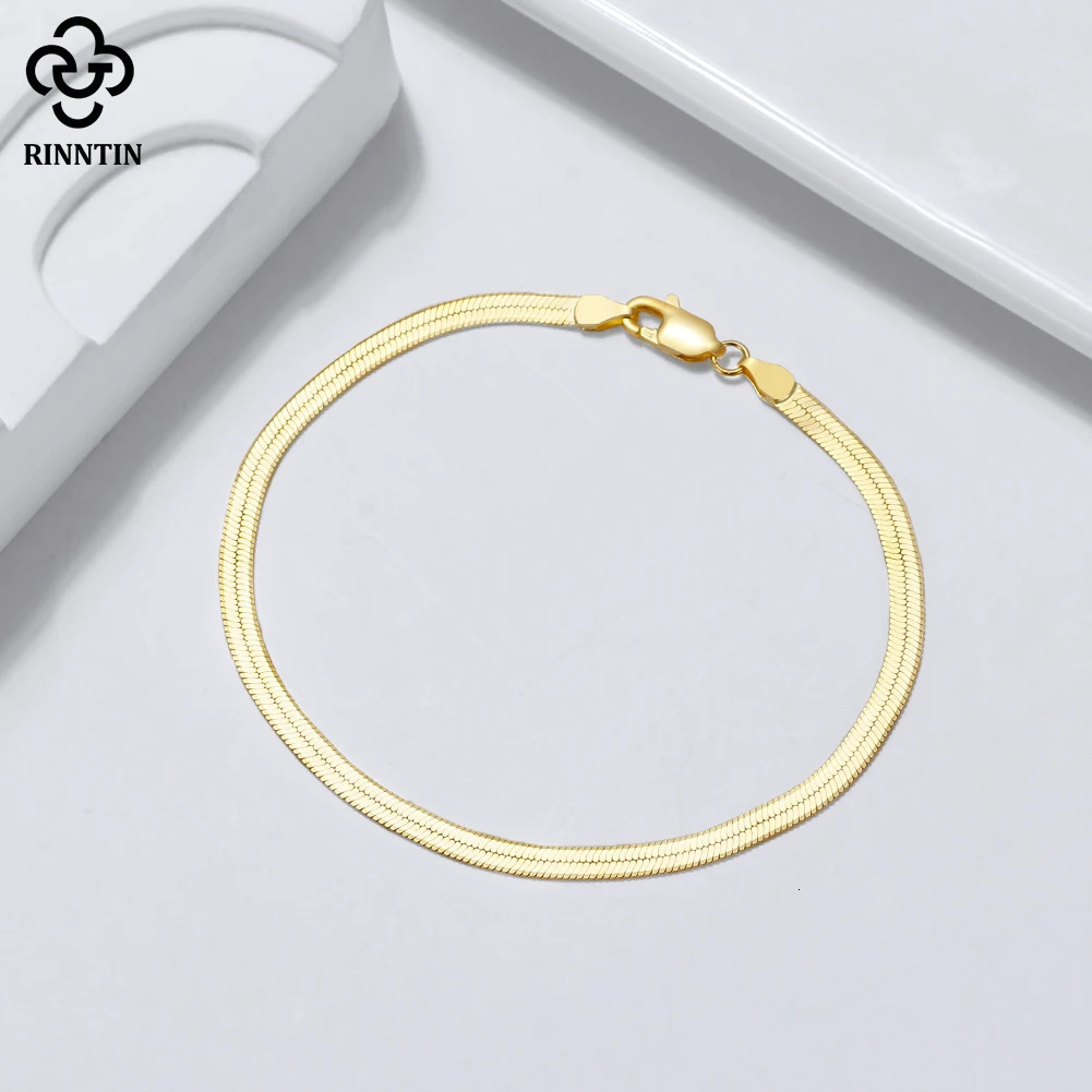 Chain Rinntin 18K Gold 925 Sterling Silver Italian 3mm Flexible Flat Herringbone Chain Bracelet for Women Party Bangle Jewelry SB107 231031
