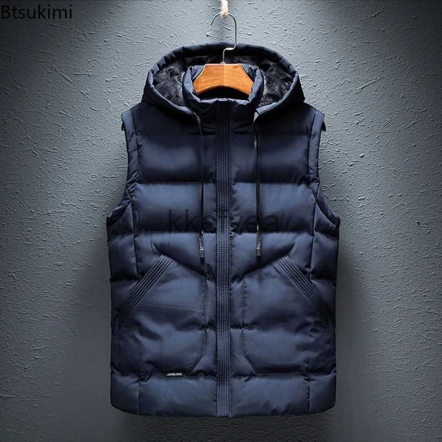 Men's Vests 2023 Men's Warm Sleeveless Jacket Autumn Winter High End Casual Cotton Vest Male Double Diagonal Large Pocket Hooded Vests 3XL J