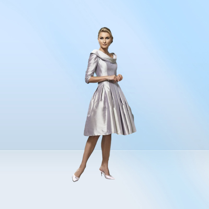 Silver Wedding MOTHER of the Bride Dresses Knee Length Scoop Ruffles Satin Half Sleeves Vintage Women Formal Party Gowns Evening D