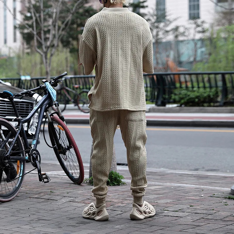 Men's Tracksuits Summer Casual Sweater Set Men's Loose Short Sleeve Knit Tshirt Long Pants Two Piece Male Woolen Suits Ropa Para Hombre 2310