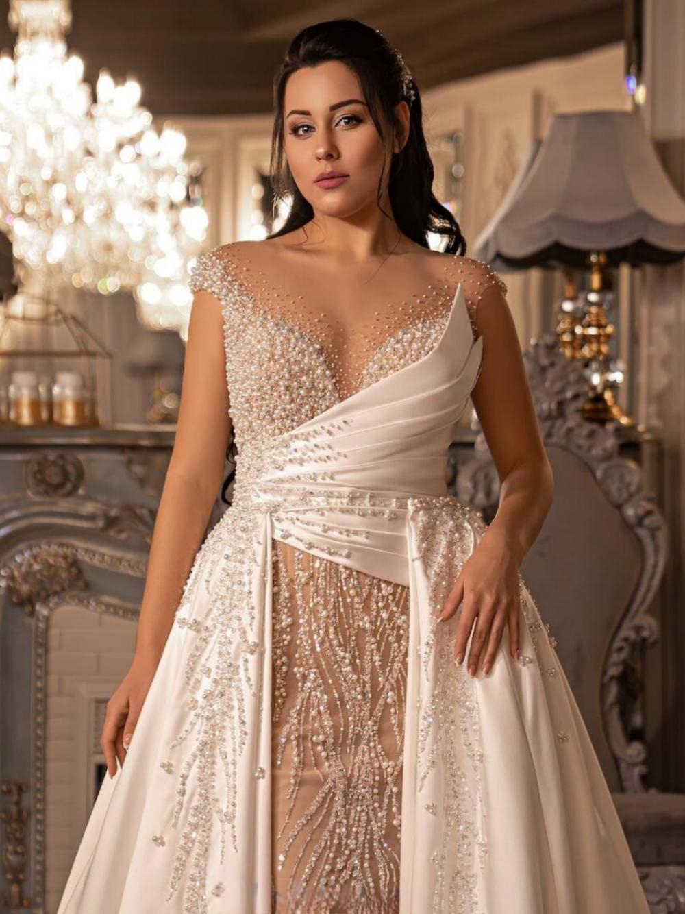Sparkly Pearls Sequins Wedding Bridal Dresses O-neck Short Sleeve With Detachable Train Illusion Robe De Mariee