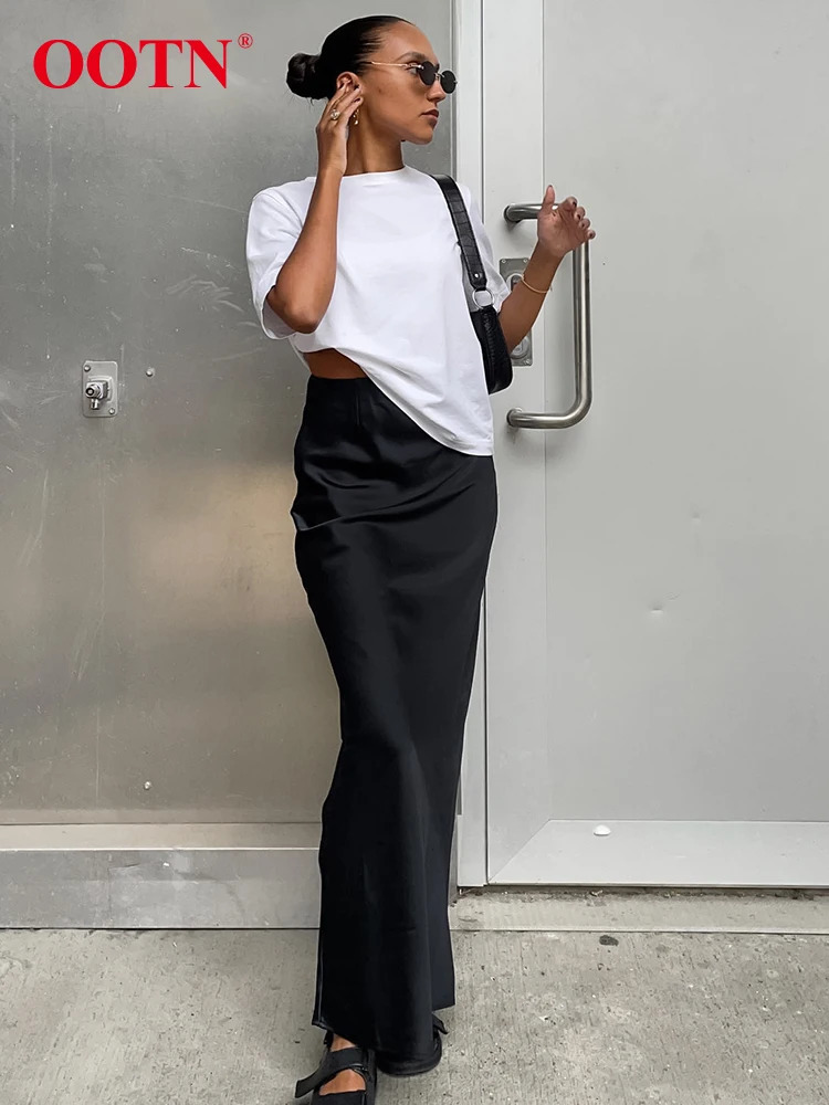 Skirts OOTN Elegant Satin Black Trumpet Skirts Autumn Fashion Slim High Waist Skirts Women Female Solid Office Long Skirt Summer 231031