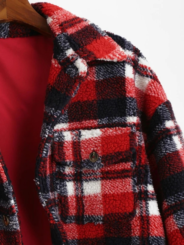 Men's Jackets Plaid Jacket for Men Fluffy Fleece Shirt Jacket with Pocket Button-up Faux Fur Sherpa Streetwear Topcoats Z4738534 231030