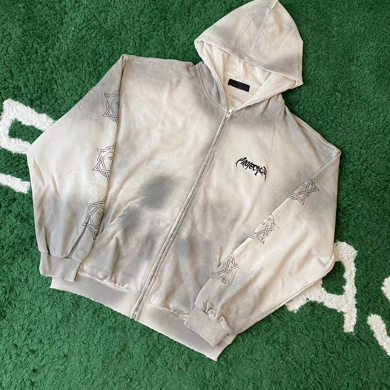 Grailz Project Vintage High Street Men Loose Hooded Style for Men Zipper Jacket Washed Damaged Spray Dirty Zipper Coat