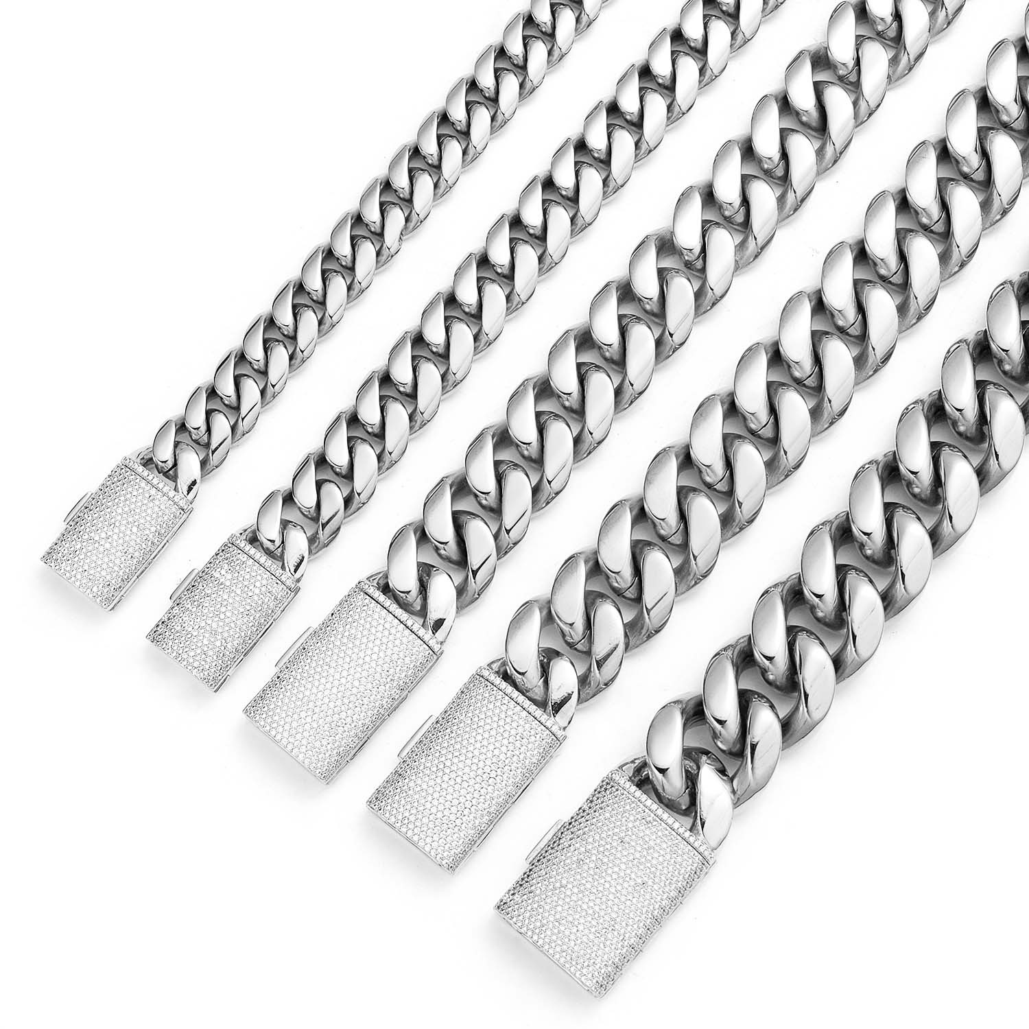 12-22mm Hip Hop Stainless Steel Miami Cuban Link Chain Necklace Jewelry Set Silver Full 5A Zircon Clasp 18K Gold Plated Accessories