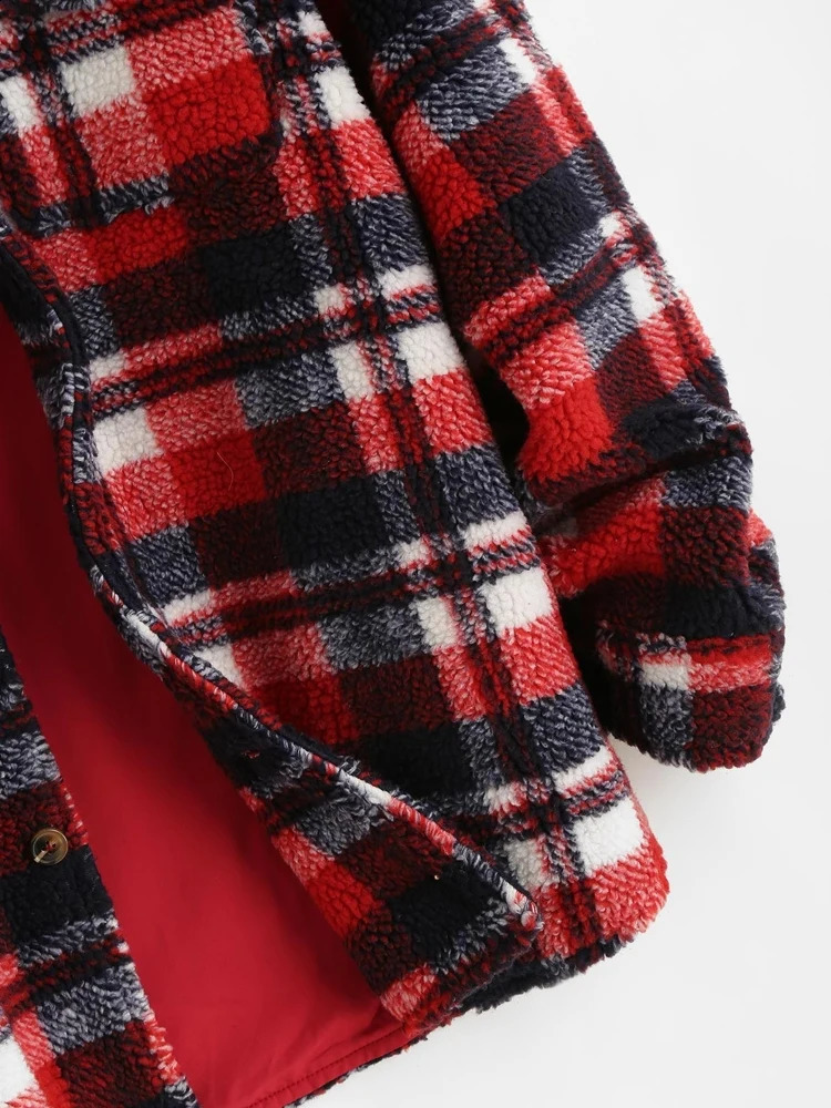 Men's Jackets Plaid Jacket for Men Fluffy Fleece Shirt Jacket with Pocket Button-up Faux Fur Sherpa Streetwear Topcoats Z4738534 231030