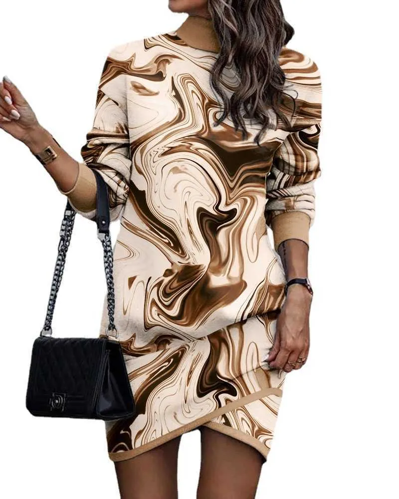 Plus Size 3xl Designer Women Dress Long Sleeve High Collar Printed Irregular Dresses for 2023 Autumn and Winter Clothing