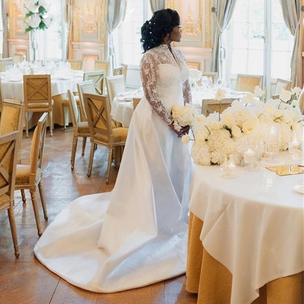 Vintage Jumpsuit Sheath Wedding Dresses V Neck Long Sleeve Outfit Bridal Gown with Detachable Train Nigeria Lace Civil Bride Wear