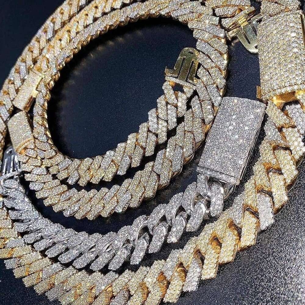 Necklace moissanite chain cuban link chainChain 14k Gold Plated 925 Sterling Silver 2rows Cz Iced Out