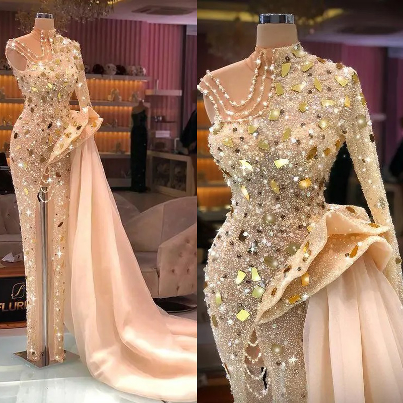 Real Photos Sparkg Golden Prom Dresses High Neck One Shoulder Sequined Front Split African Women Reception Gowns Birthday Party Outfit Club 6660306