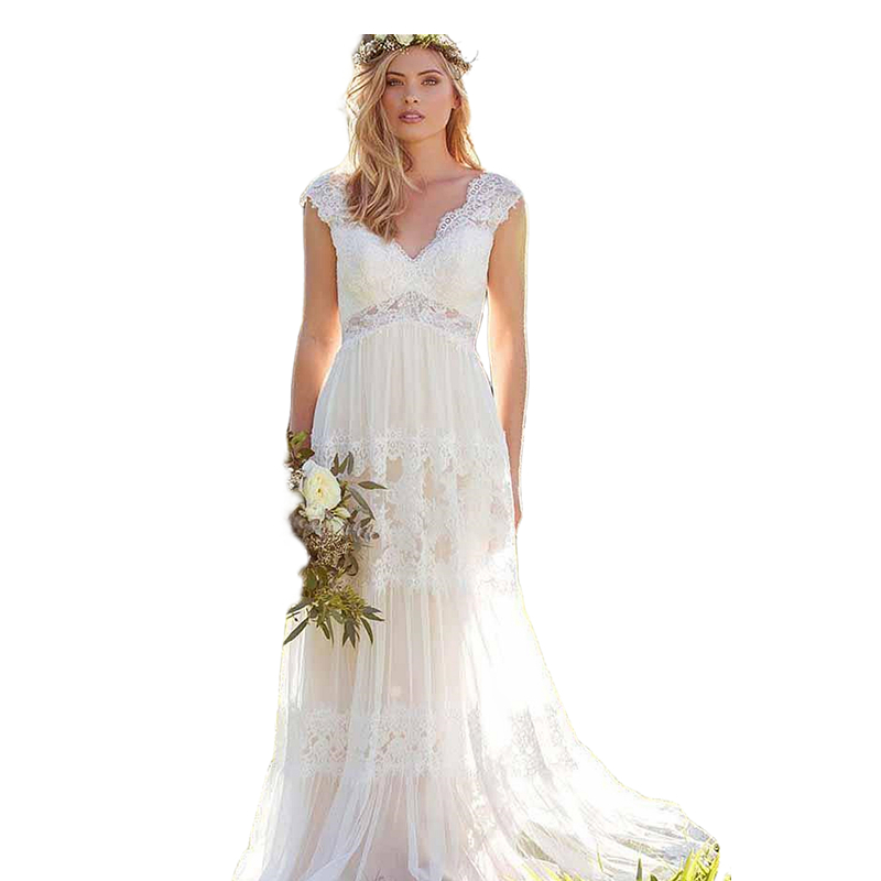 Empire Waist Bohemian Wedding Dress V-Neck Lace Appliques A Line Country Bridal Gowns Floor Length Plus Size Beach Tulle Mariage Dresses