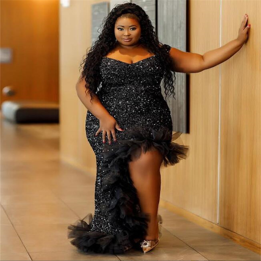 Sparkly Shine Large Size Prom Dress For Black Girls Off Shoulders Sequin Black Evening Gowns Obese Women 30th Birthday Dance Vestidos De Noche Formal 
