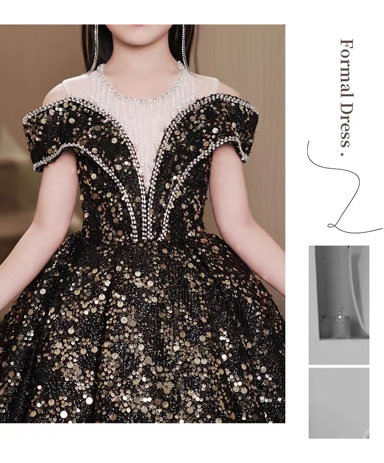 Black Gold Shiny Flower Girl Dresses Teenager Wedding Communion Pearls Necklace Beaded Tassels Children Clothes Frist Holy Conmunion Dress Birthday Ou