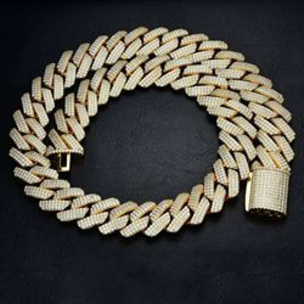 Necklace moissanite chain cuban link chainChain 14k Gold Plated 925 Sterling Silver 2rows Cz Iced Out
