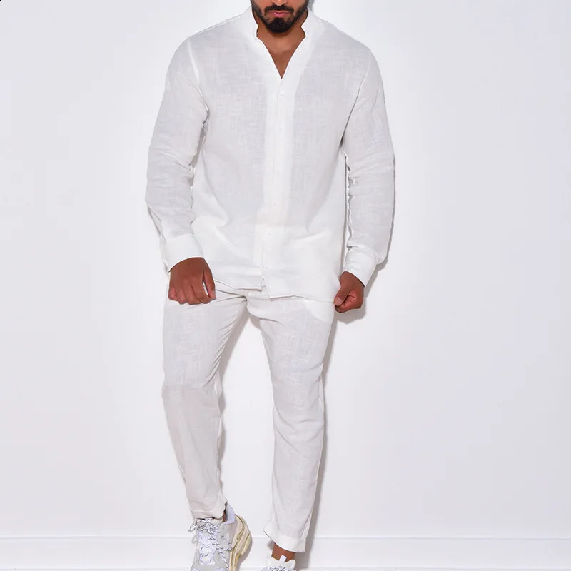 Men's Tracksuits Spring Fall Mens Suits Casual Cotton Linen Loose Solid Color Two Piece Set Leisure Loose V Neck Shirt And Pants Outfits Men 2310