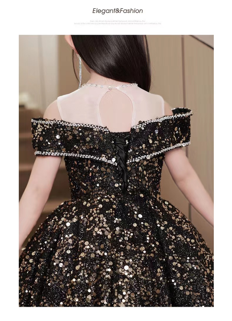 Black Gold Shiny Flower Girl Dresses Teenager Wedding Communion Pearls Necklace Beaded Tassels Children Clothes Frist Holy Conmunion Dress Birthday Ou