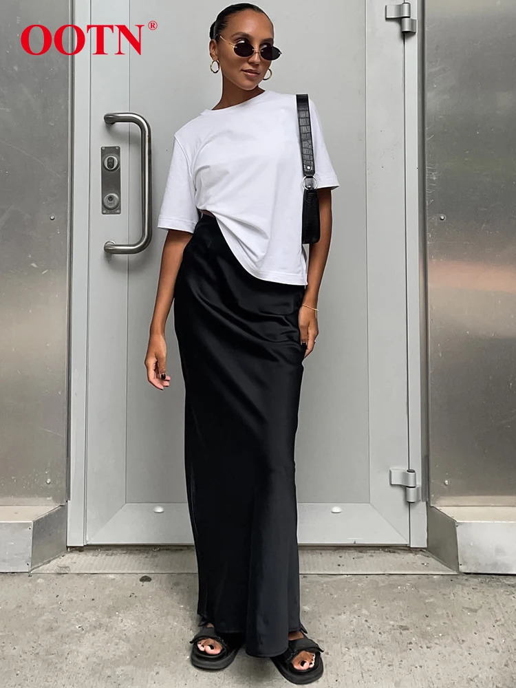 Skirts OOTN Elegant Satin Black Trumpet Skirts Autumn Fashion Slim High Waist Skirts Women Female Solid Office Long Skirt Summer 231031