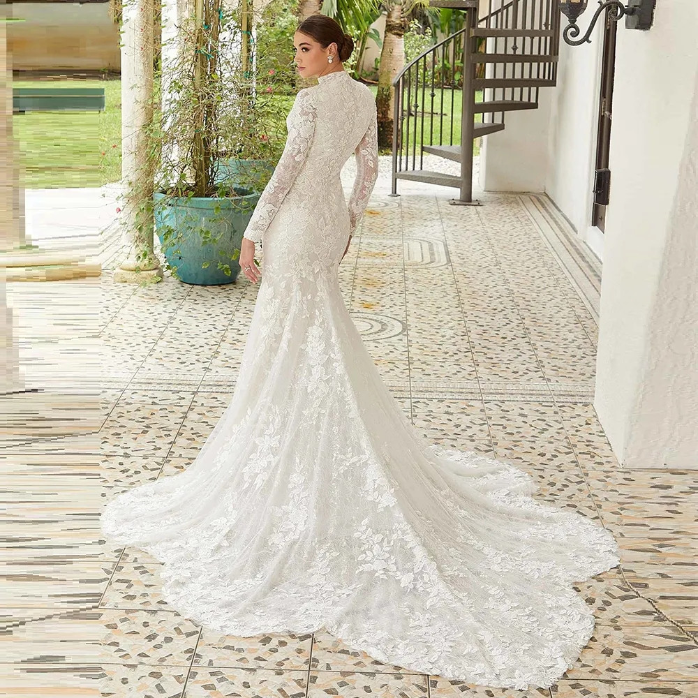Vintage Full Lace Mermaid Wedding Dress High Neck Long Sleeves Court Train Bridal Gown With Veil Custom Made