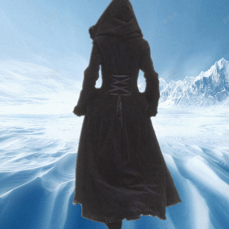 Women039s Wool Blends Women Autumn Winter Vintage Coat Steampunk Floor Length Hooded Medieval Warm Fur Trim Maxi Gothic Witch