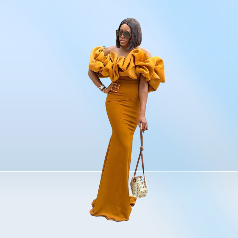 Vintage Arabic Mustard Yellow Mermaid Bridesmaids Dresses Ruffles Off Shoulder Neck Wedding Guest Gowns Black Girl Maid Of th