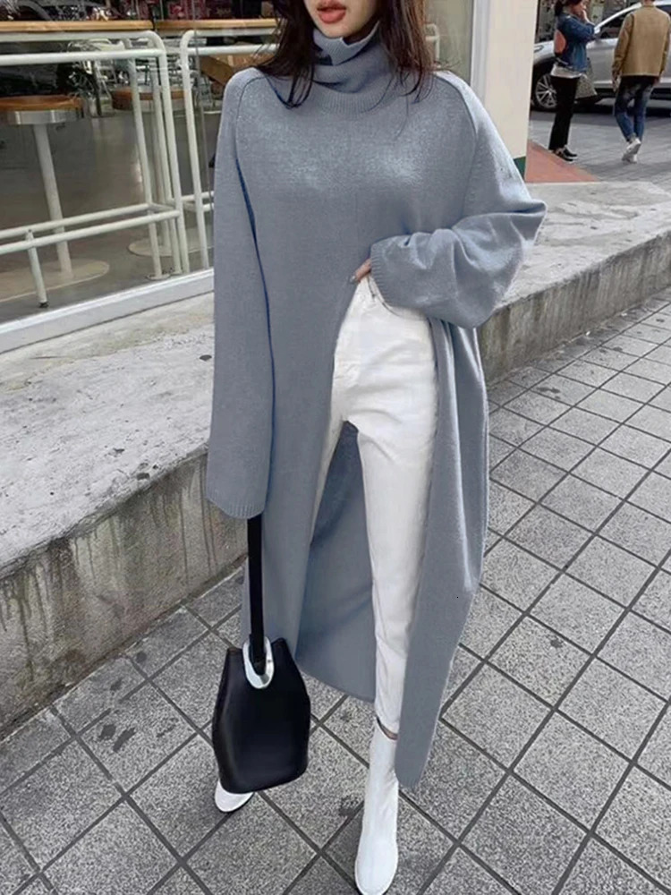 VGH Elegant Sweater For Women Turtleneck Long Sleeve High Waist Asymmetric Spilt Thick Sweaters Female Winner Fashion 231031