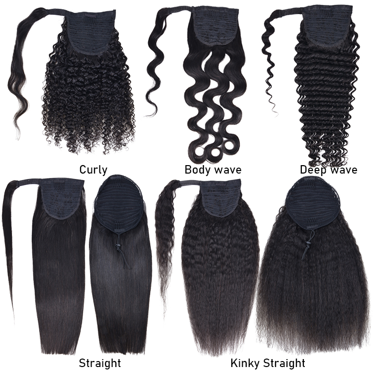Brazilian curly wrap around ponytail human hair deep wave drawstring pontail extension long for black women 140g 120g 160g black 1b