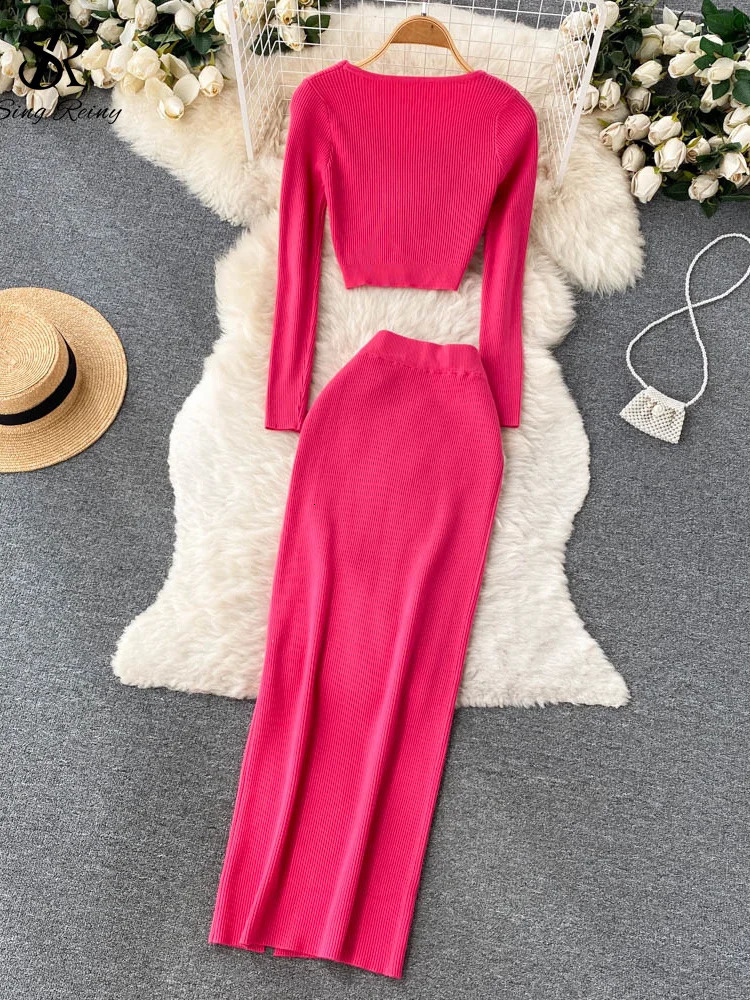 Two Piece Dress SINGREINY Autumn Sweater Two Pieces Suits Long Sleeves Knit Top Elatic Waist Slim Split Long Skirt Sets Women Warm Knitted Suit 231031