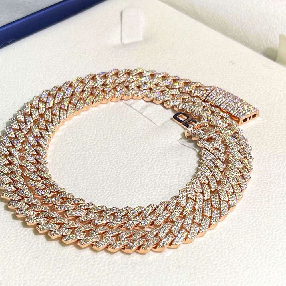 Necklace moissanite chain cuban link chainChain 14k Gold Plated 925 Sterling Silver 2rows Cz Iced Out