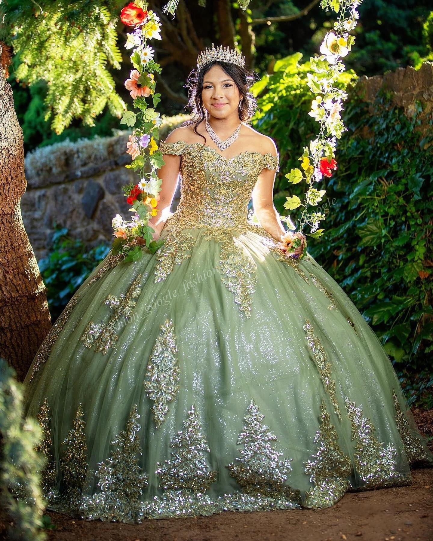 Glitter Tulle Quinceanera Dress 2024 Sage Sequin Applique Charro Mexican Quince Sweet 15/16 Birthday Party Gown for 15th Girl Drama Winter Formal Prom