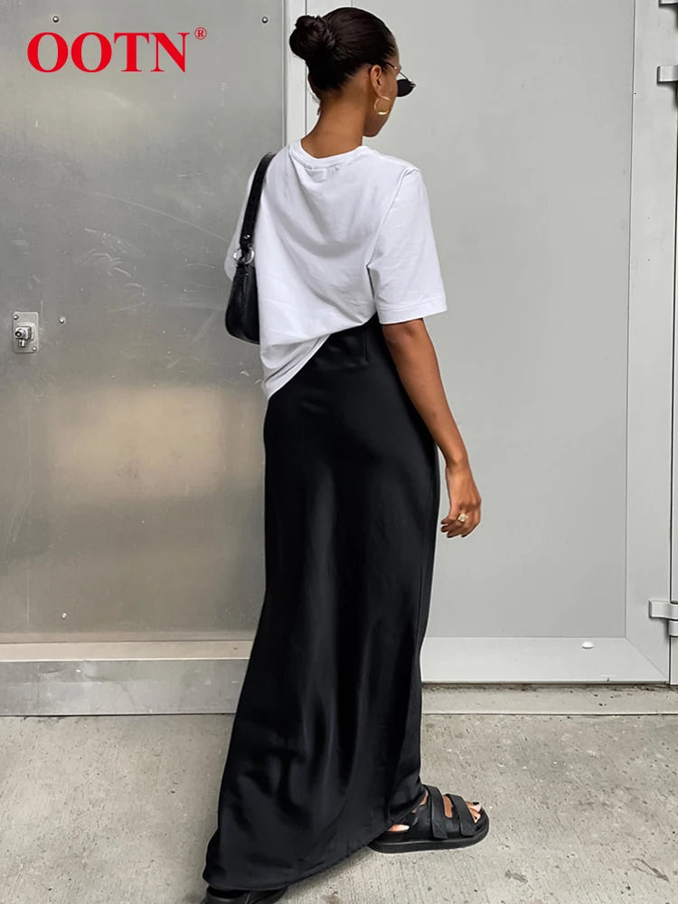 Skirts OOTN Elegant Satin Black Trumpet Skirts Autumn Fashion Slim High Waist Skirts Women Female Solid Office Long Skirt Summer 231031
