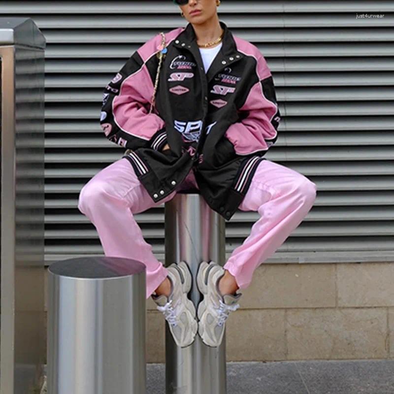 Women's Jackets Trench Baseball Pink Jacket Varsity Y2K Streetwear Winter Women Clothes Long Racer Patchwork Letterman Coats