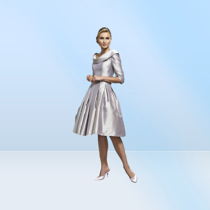 Silver Wedding MOTHER of the Bride Dresses Knee Length Scoop Ruffles Satin Half Sleeves Vintage Women Formal Party Gowns Evening D